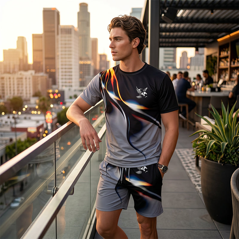 đ„ Trendigt herrset med abstrakt design âš Luftig T-shirt & bekvĂ€ma shorts för sommarens alla dagar đż