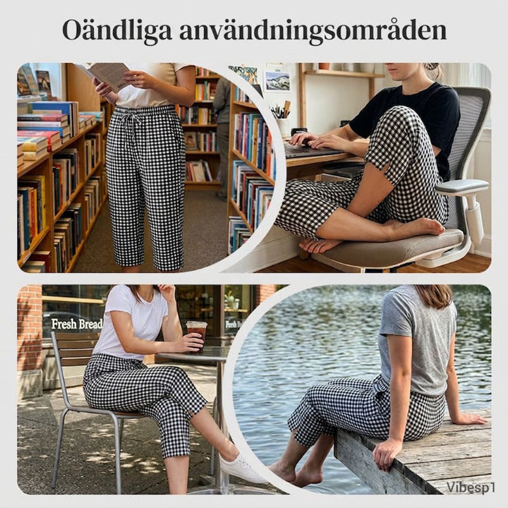 👖🌸 Rutiga capribyxor i bomull-linne med dragsko