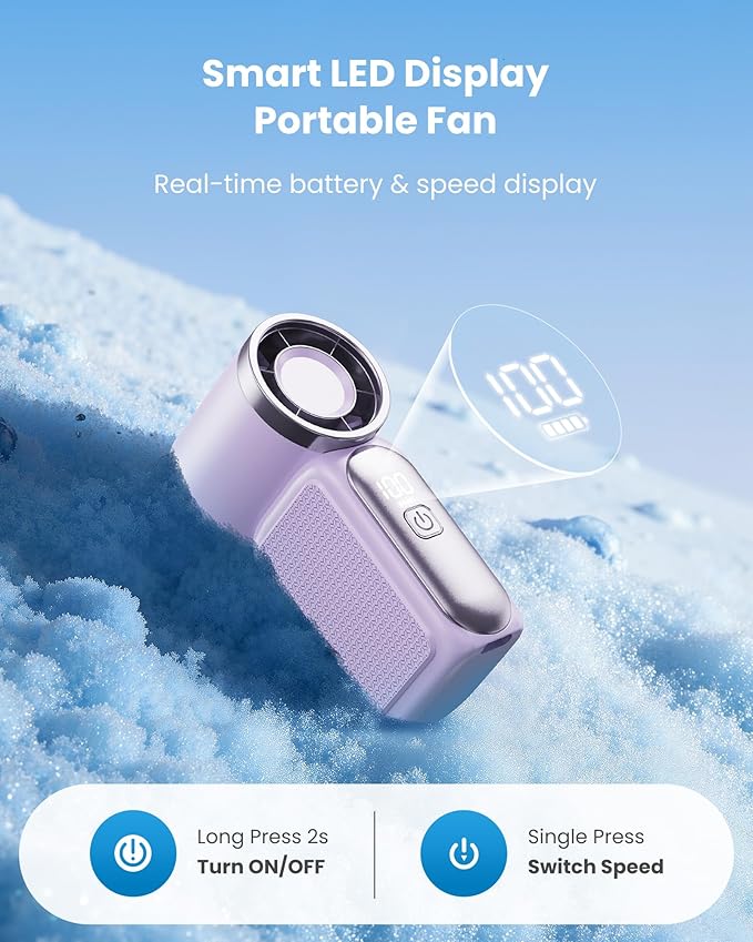 Minihårdfläkt med LED-display –👍Fläkt i fickformat med 5 hastigheter och turbofunktion.✨USB-uppladdningsbar, snabb kylning för resor och sminkning. Perfekt  present.  Bärbar kylning