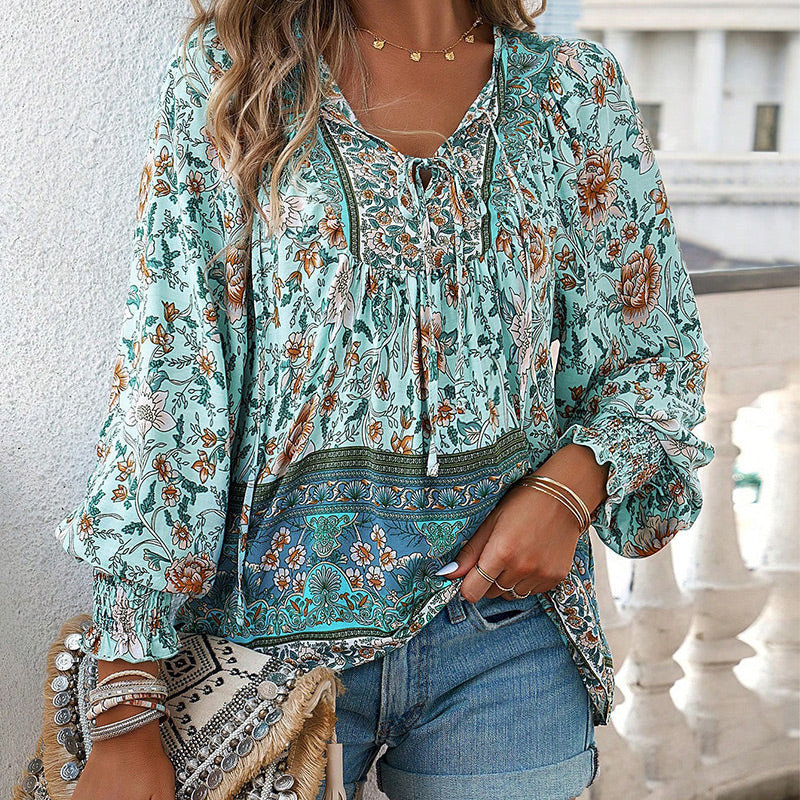 💖Sista dagens försäljning. 50 % rabatt.💖Dammodetydig tryckt v-halsad langärmad skjorta