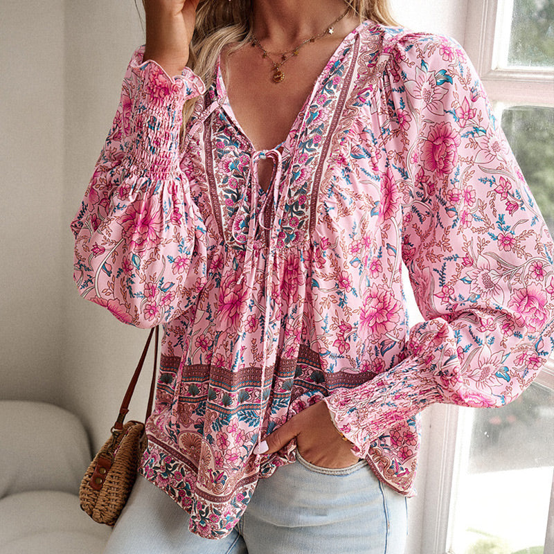 💖Sista dagens försäljning. 50 % rabatt.💖Dammodetydig tryckt v-halsad langärmad skjorta