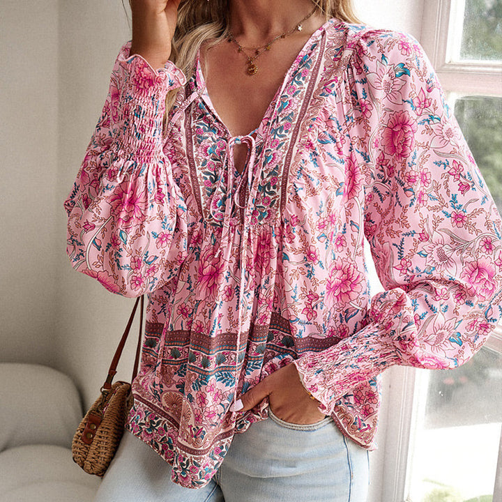💖Sista dagens försäljning. 50 % rabatt.💖Dammodetydig tryckt v-halsad langärmad skjorta