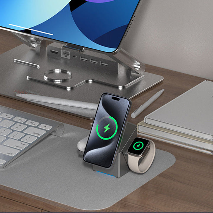 🔥⏰ Julens specialerbjudanden 🔥📱 3-i-1 Faltbart Magnetiskt Laddstation – Perfekt för Hem, Arbete & Resor ✨ | 15W Snabbladdning, Multidevice & Kompakt!