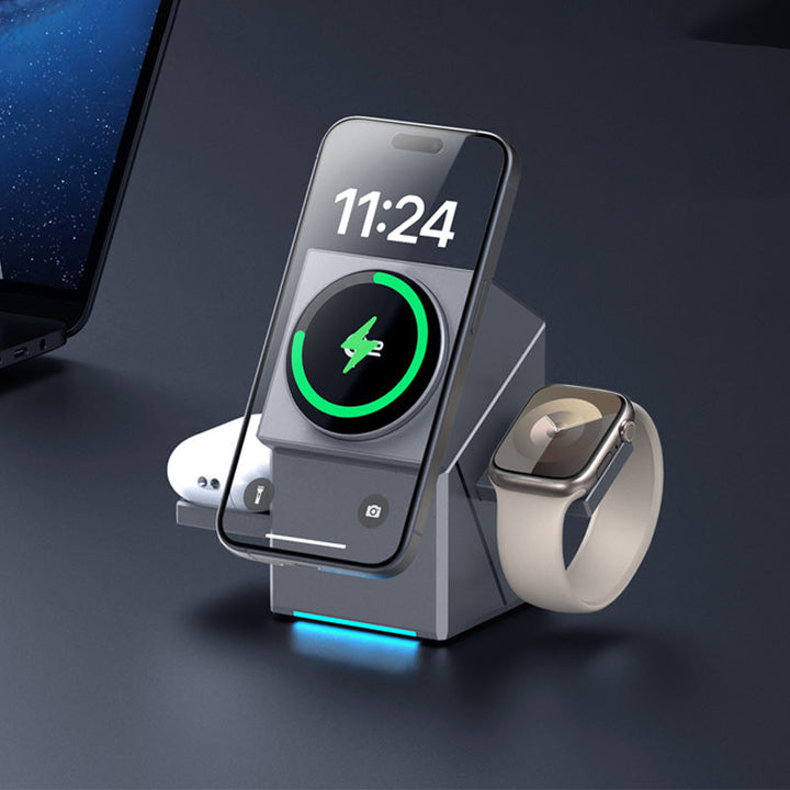 🔥⏰ Julens specialerbjudanden 🔥📱 3-i-1 Faltbart Magnetiskt Laddstation – Perfekt för Hem, Arbete & Resor ✨ | 15W Snabbladdning, Multidevice & Kompakt!