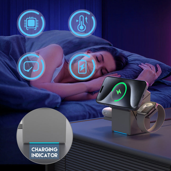 🔥⏰ Julens specialerbjudanden 🔥📱 3-i-1 Faltbart Magnetiskt Laddstation – Perfekt för Hem, Arbete & Resor ✨ | 15W Snabbladdning, Multidevice & Kompakt!