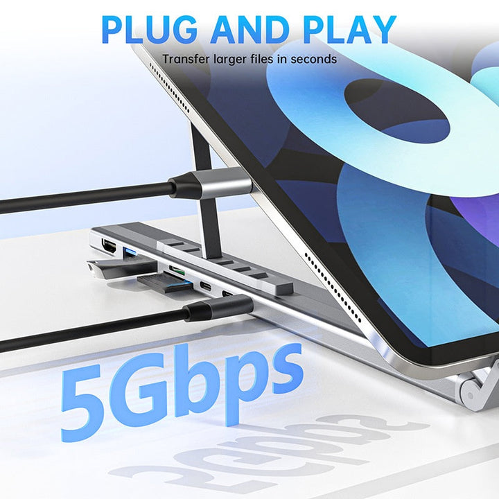 USB-C Dockningsstation med Laptopställ – 8-i-1, 4K HDMI & Snabbladdning
