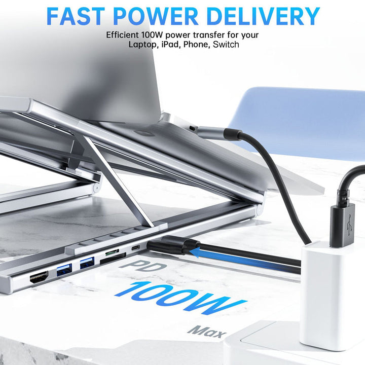 USB-C Dockningsstation med Laptopställ – 8-i-1, 4K HDMI & Snabbladdning