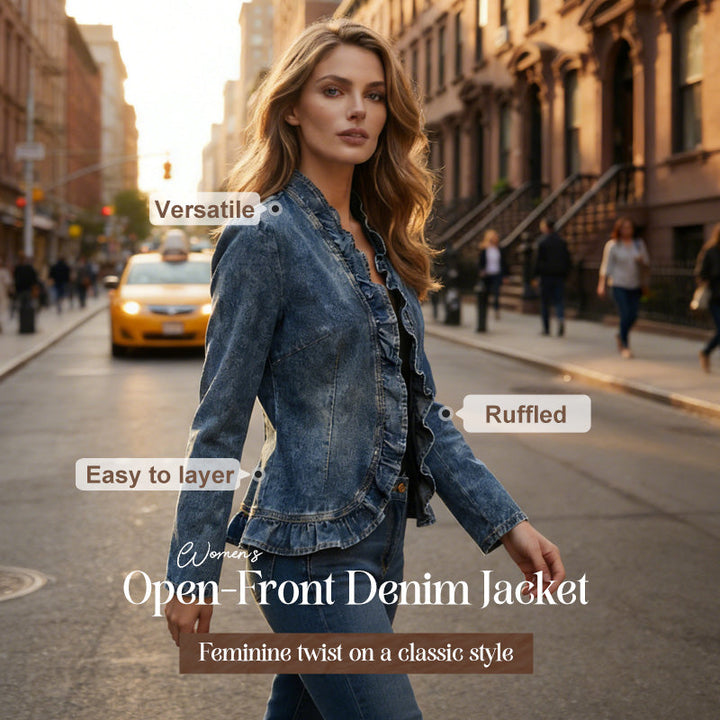🌸 Dam Denimjacka med Volang & Öppen Framsida – Lättviktig & Feminin – Mångsidig & Chic 👗