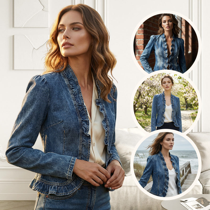 🌸 Dam Denimjacka med Volang & Öppen Framsida – Lättviktig & Feminin – Mångsidig & Chic 👗