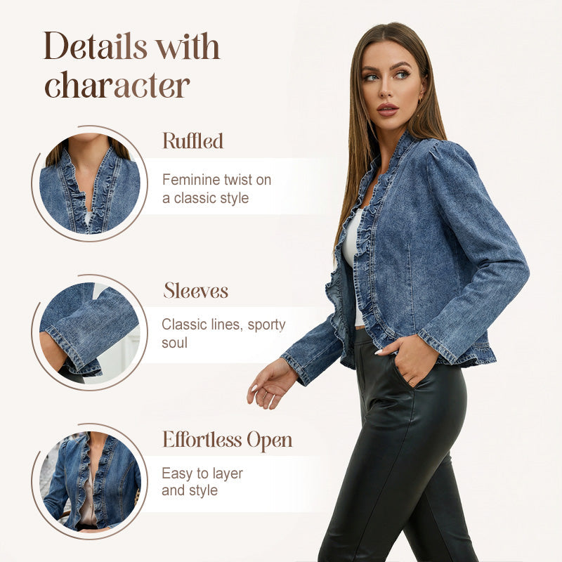 🌸 Dam Denimjacka med Volang & Öppen Framsida – Lättviktig & Feminin – Mångsidig & Chic 👗