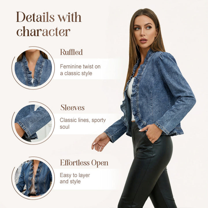 🌸 Dam Denimjacka med Volang & Öppen Framsida – Lättviktig & Feminin – Mångsidig & Chic 👗