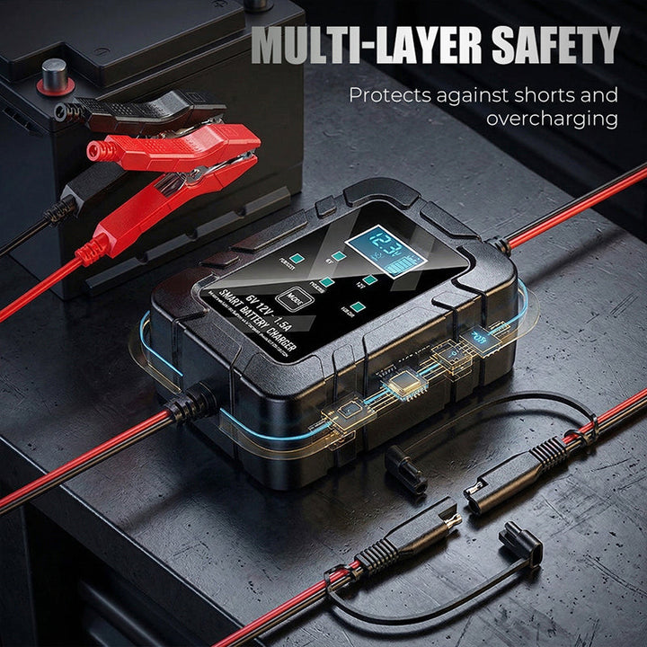 🔋⚡ Smart batteriladdare | Automatisk spänningsavkänning · Smart överladdningsskydd · Pulsåterställning · Flera skyddsfunktioner · LCD-skärm