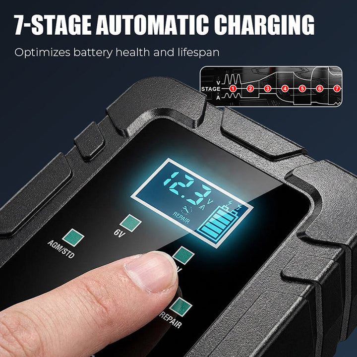 🔋⚡ Smart batteriladdare | Automatisk spänningsavkänning · Smart överladdningsskydd · Pulsåterställning · Flera skyddsfunktioner · LCD-skärm