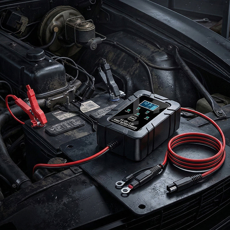 🔋⚡ Smart batteriladdare | Automatisk spänningsavkänning · Smart överladdningsskydd · Pulsåterställning · Flera skyddsfunktioner · LCD-skärm