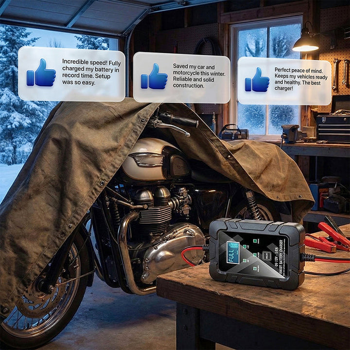 🔋⚡ Smart batteriladdare | Automatisk spänningsavkänning · Smart överladdningsskydd · Pulsåterställning · Flera skyddsfunktioner · LCD-skärm