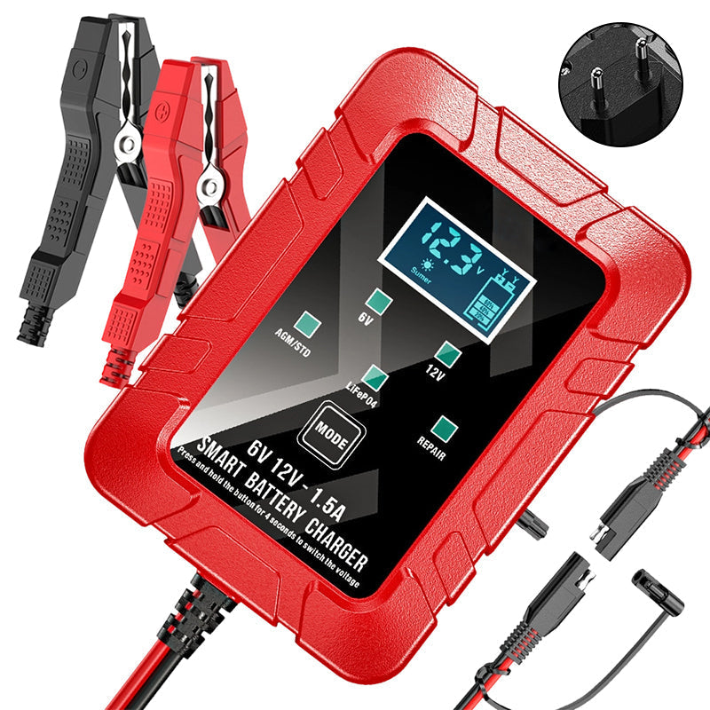 🔋⚡ Smart batteriladdare | Automatisk spänningsavkänning · Smart överladdningsskydd · Pulsåterställning · Flera skyddsfunktioner · LCD-skärm