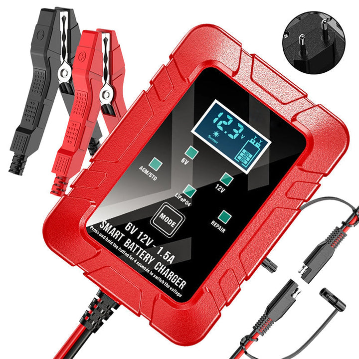 🔋⚡ Smart batteriladdare | Automatisk spänningsavkänning · Smart överladdningsskydd · Pulsåterställning · Flera skyddsfunktioner · LCD-skärm