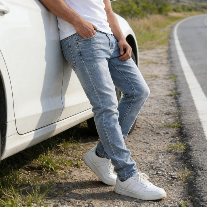 🔥 Moderna Stretchjeans i Slim Fit – Vintage-tvättad, Bekväm Stretch & Perfekt för Vardagsbruk 💙