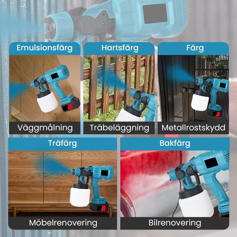 Trådlös elektrisk sprutpistol ⚡ 800 ml/minut för oavbruten sprutning 💪 Laddningsbar, trådlös, spruta i alla vinklar utan läckage. Perfekt för möbler, staket och väggar 🏠