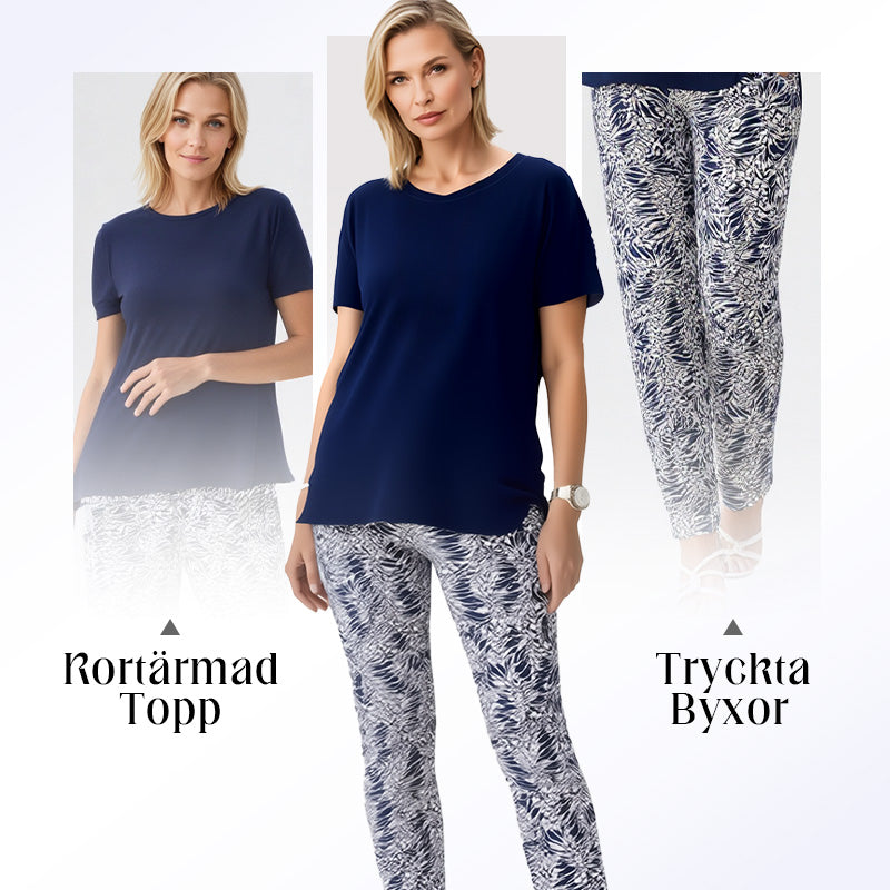 Kvinnors Enfärgad Kortärmad Topp och Tryckta Byxor Tvådelat Set