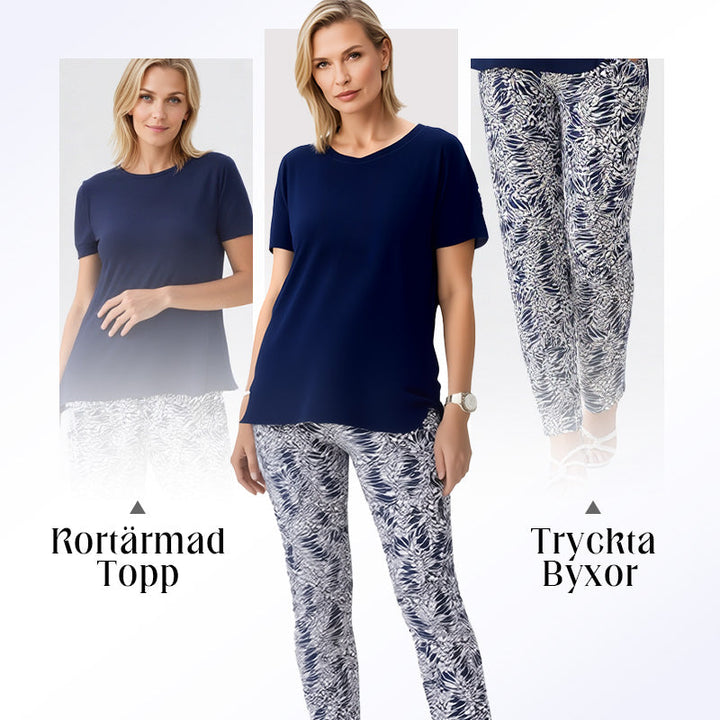 Kvinnors Enfärgad Kortärmad Topp och Tryckta Byxor Tvådelat Set