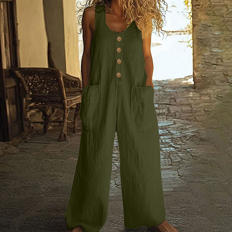 👖Ärmlös Damoverall Med Vida Ben Och Fickor – Sval, Chic & Bekväm👗