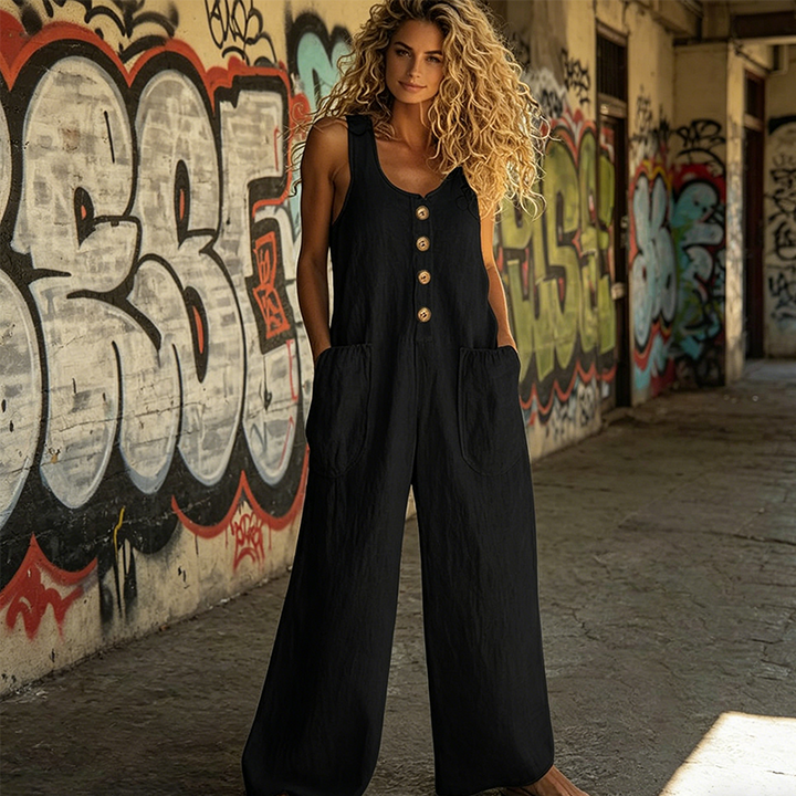 👖Ärmlös Damoverall Med Vida Ben Och Fickor – Sval, Chic & Bekväm👗