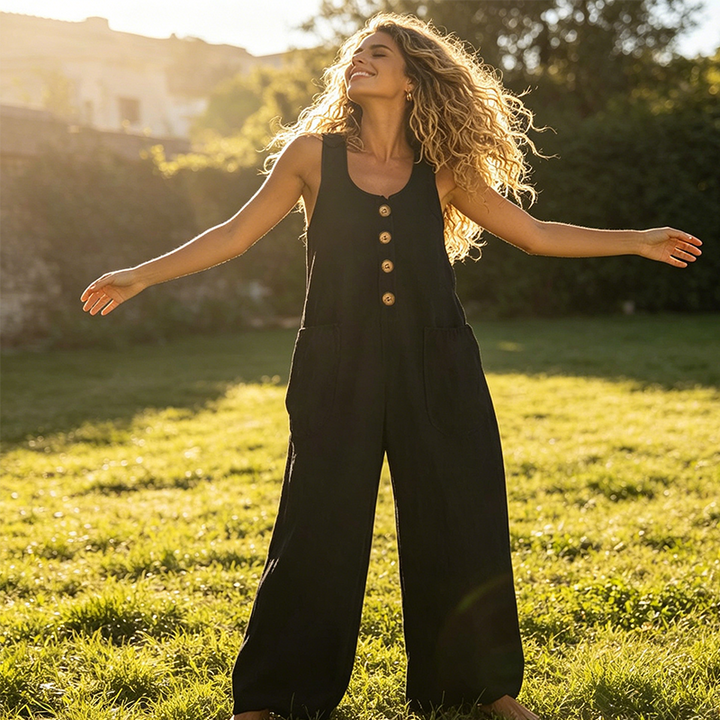 👖Ärmlös Damoverall Med Vida Ben Och Fickor – Sval, Chic & Bekväm👗