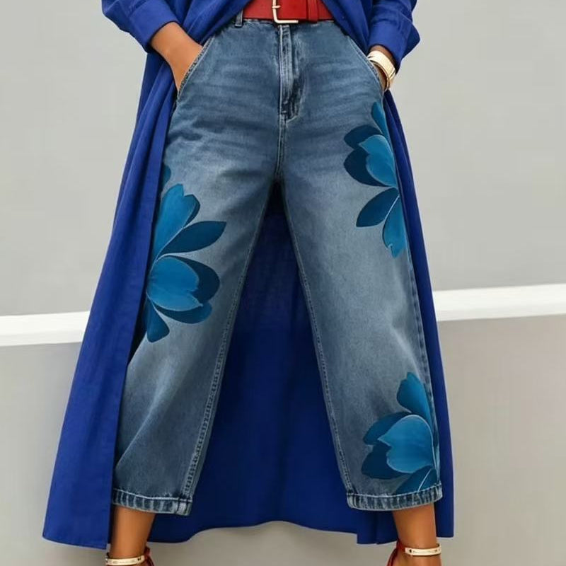 ✨ Damjeans med vida ben och blommönster – Unika applikationer, mjuka, 6 färger 🌸