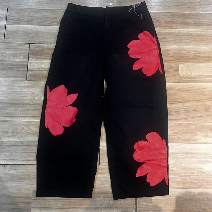 ✨ Damjeans med vida ben och blommönster – Unika applikationer, mjuka, 6 färger 🌸