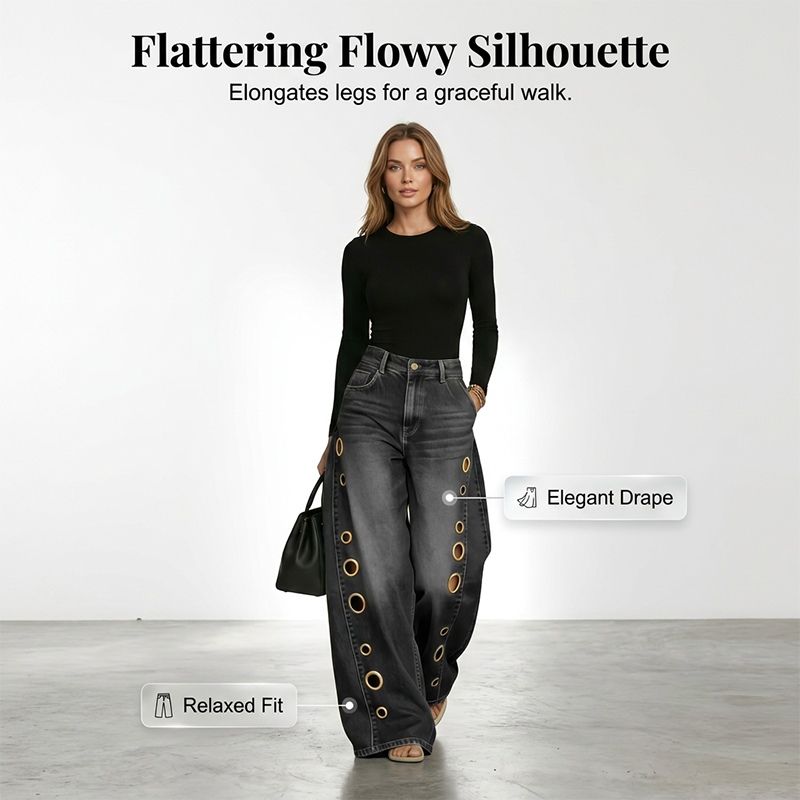 💥 53% RABATT 👖 Komfortabla vida jeans med dekorativa ringar ✨ Modern design, mjukt material & perfekt för alla tillfällen 🌸