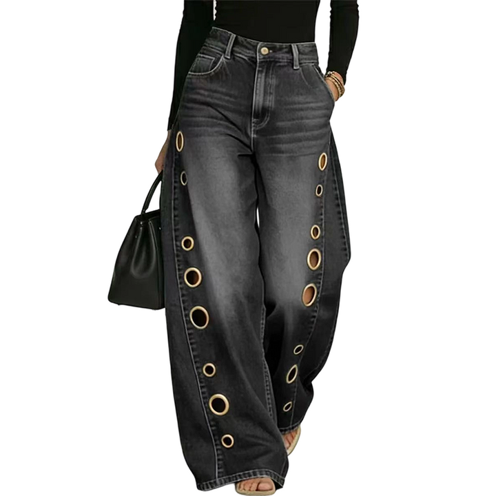 💥 53% RABATT 👖 Komfortabla vida jeans med dekorativa ringar ✨ Modern design, mjukt material & perfekt för alla tillfällen 🌸