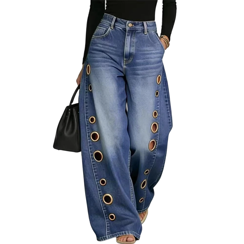 💥 53% RABATT 👖 Komfortabla vida jeans med dekorativa ringar ✨ Modern design, mjukt material & perfekt för alla tillfällen 🌸