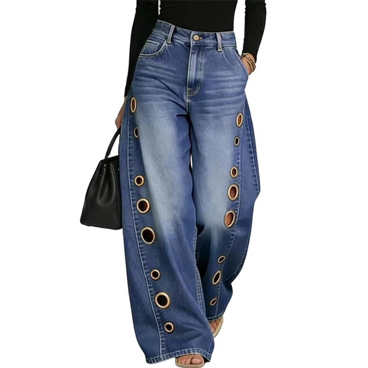 💥 53% RABATT 👖 Komfortabla vida jeans med dekorativa ringar ✨ Modern design, mjukt material & perfekt för alla tillfällen 🌸