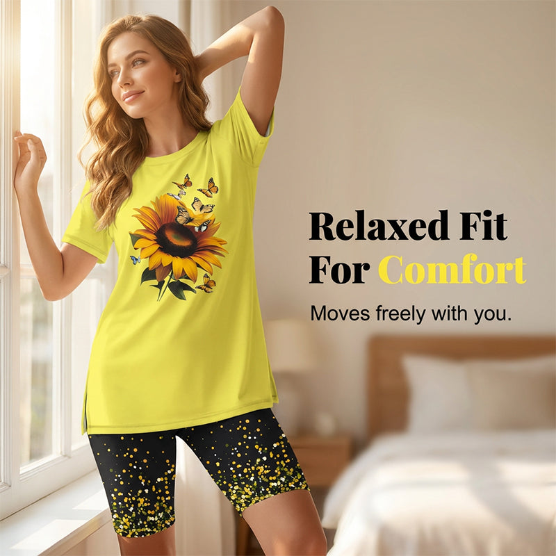 ✨ 👚 Set med mönstrad tunika och shorts för damer – avslappnad passform, slitsar i sidorna och iögonfallande mönster över hela plagget 🩳