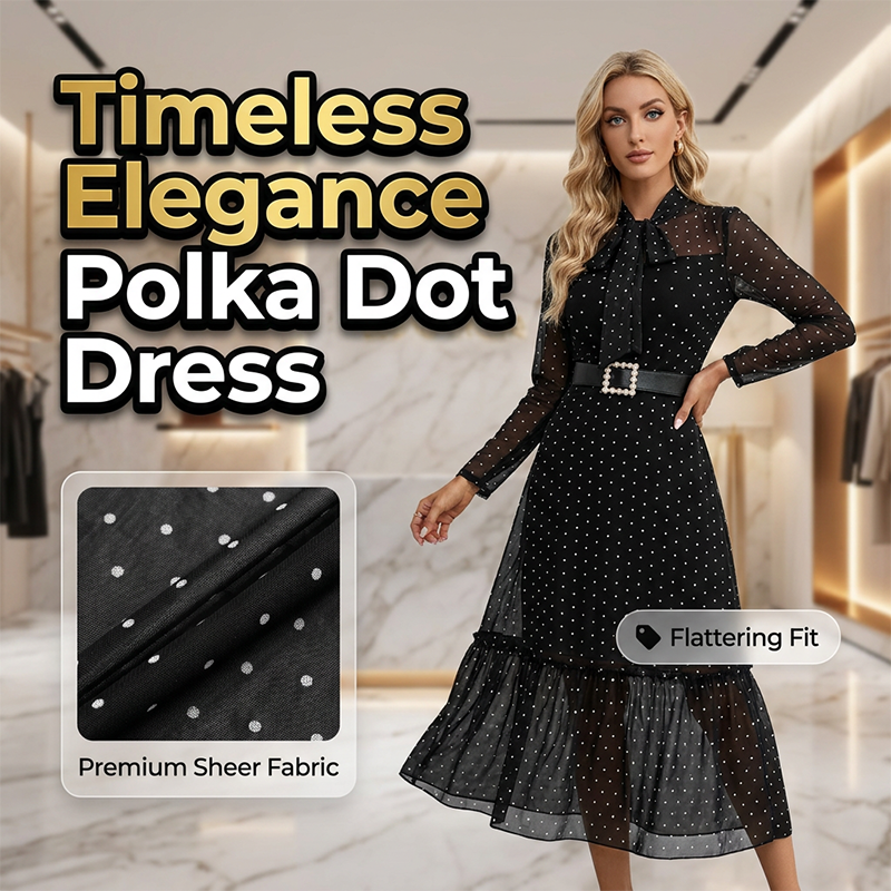 👗 50% RABATT NU!✨ Polka Dot Tie-Neck Midi Klänning – Pärlbälte & A-linje – Elegant Vintage Festklänning 🥂