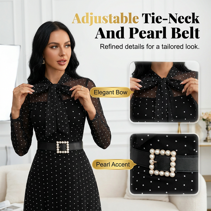 👗 50% RABATT NU!✨ Polka Dot Tie-Neck Midi Klänning – Pärlbälte & A-linje – Elegant Vintage Festklänning 🥂