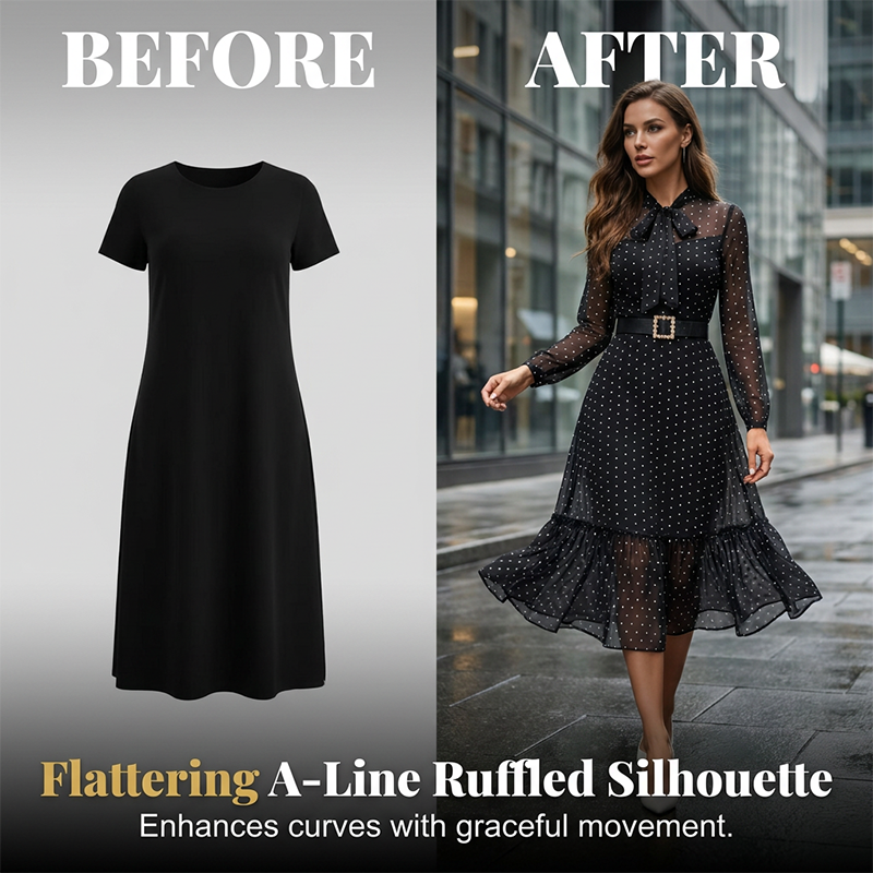 👗 50% RABATT NU!✨ Polka Dot Tie-Neck Midi Klänning – Pärlbälte & A-linje – Elegant Vintage Festklänning 🥂
