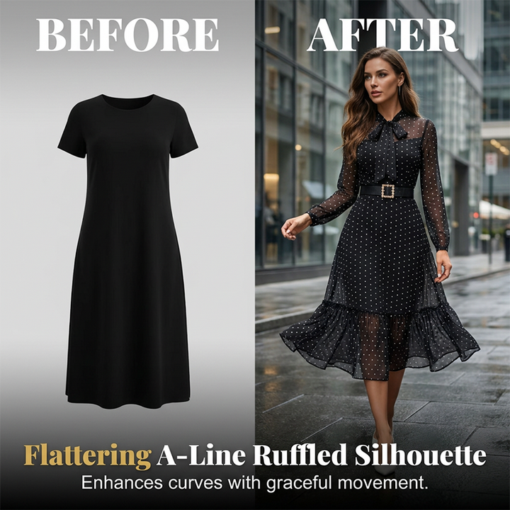 👗 50% RABATT NU!✨ Polka Dot Tie-Neck Midi Klänning – Pärlbälte & A-linje – Elegant Vintage Festklänning 🥂