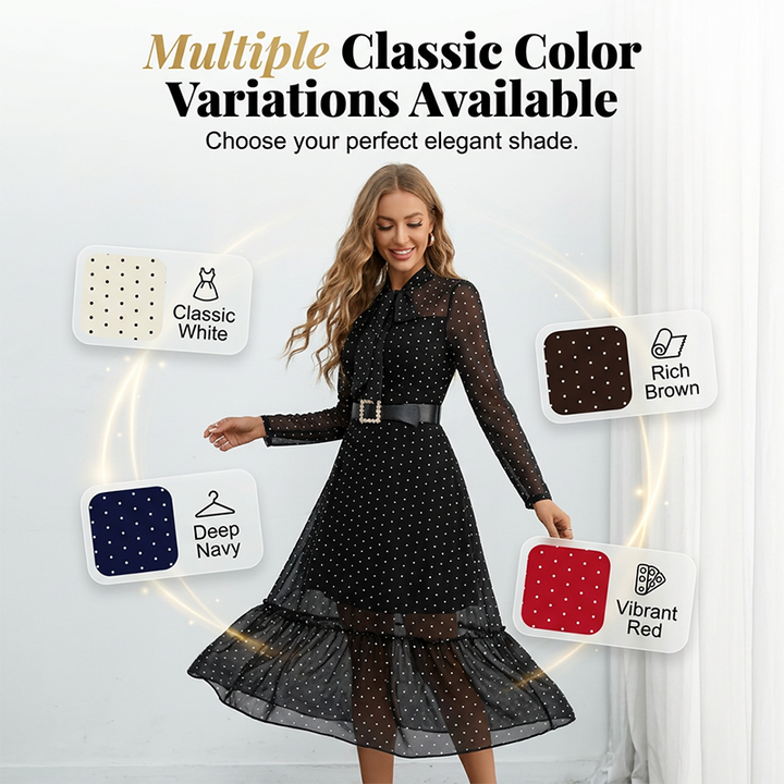 👗 50% RABATT NU!✨ Polka Dot Tie-Neck Midi Klänning – Pärlbälte & A-linje – Elegant Vintage Festklänning 🥂